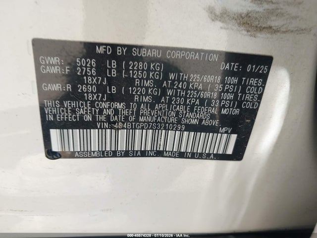 Aukcja sprzedaży 2025 Subaru Outback Touring Xt, vin: 4S4BTGPD7S3210299, numer aukcji: 45574328