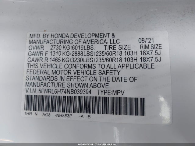 Продажа на аукционе авто 2022 Honda Odyssey Ex-l, vin: 5FNRL6H74NB039394, номер лота: 45574354