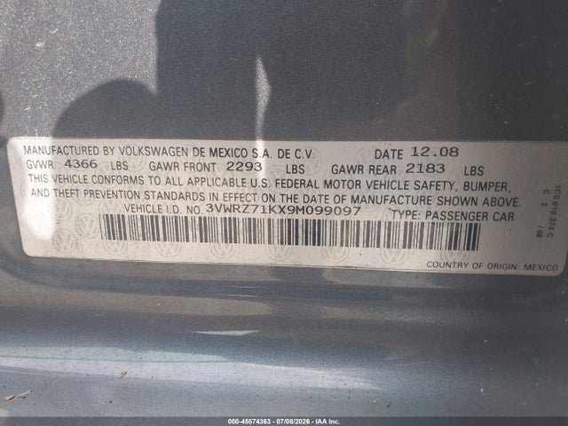 2009 Volkswagen Jetta Se მანქანა იყიდება აუქციონზე, vin: 3VWRZ71KX9M099097, აუქციონის ნომერი: 45574363