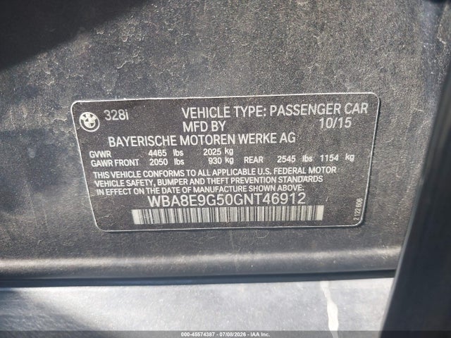 45574387 :رقم المزاد ، WBA8E9G50GNT46912 vin ، 2016 Bmw 328i مزاد بيع