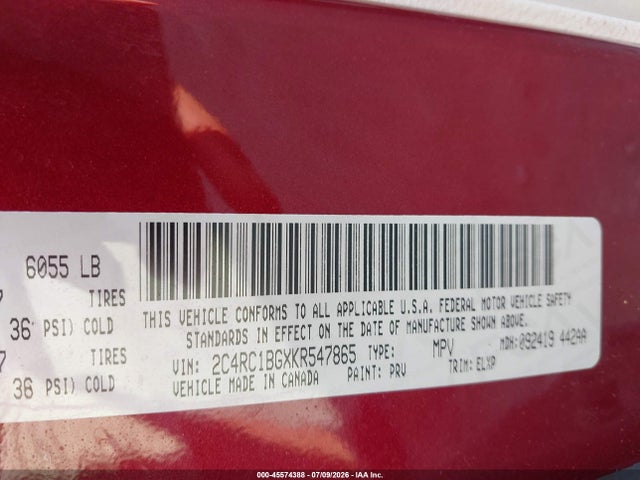 45574388 :رقم المزاد ، 2C4RC1BGXKR547865 vin ، 2019 Chrysler Pacifica Touring L مزاد بيع