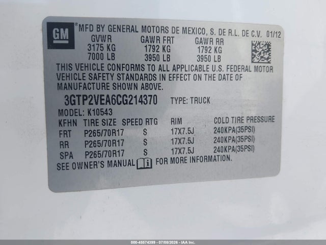 Aukcja sprzedaży 2012 Gmc Sierra 1500 Sle, vin: 3GTP2VEA6CG214370, numer aukcji: 45574399