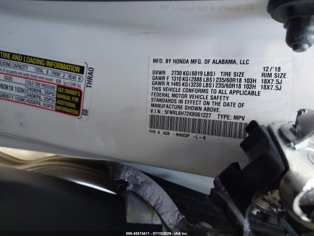 5FNRL6H72KB061227 Honda Odyssey Ex-l