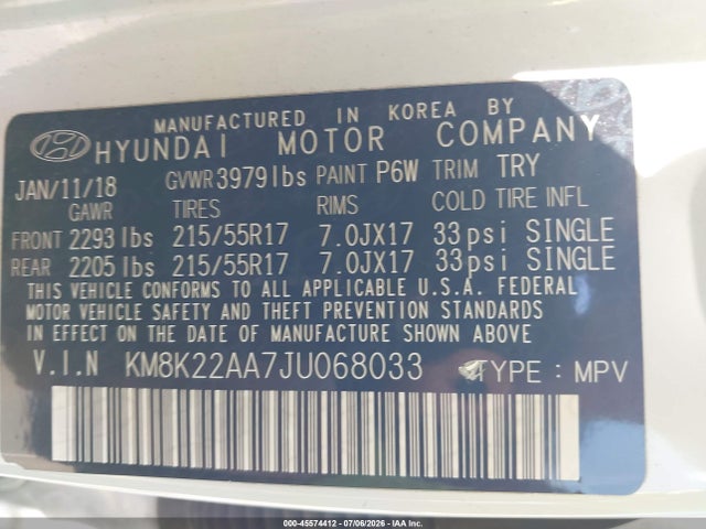 2018 Hyundai Kona Sel მანქანა იყიდება აუქციონზე, vin: KM8K22AA7JU068033, აუქციონის ნომერი: 45574412
