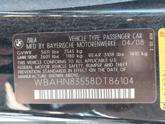 Aukcja sprzedaży 2008 Bmw 750li, vin: WBAHN83558DT86104, numer aukcji: 45574444