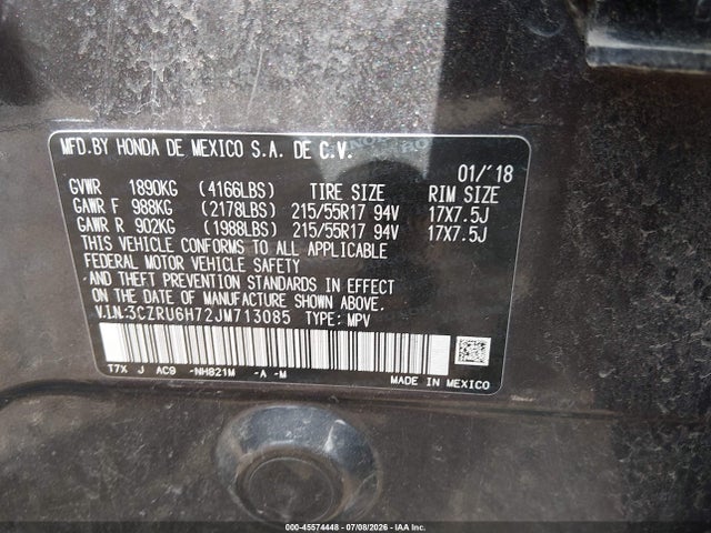 Продажа на аукционе авто 2018 Honda Hr-v Ex-l, vin: 3CZRU6H72JM713085, номер лота: 45574448