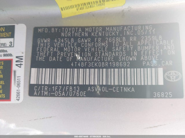 Продажа на аукционе авто 2011 Toyota Camry Le, vin: 4T4BF3EK0BR198692, номер лота: 45574449