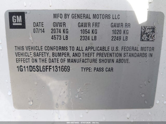 45574453 :رقم المزاد ، 1G11D5SL6FF131669 vin ، 2015 Chevrolet Malibu 2lt مزاد بيع