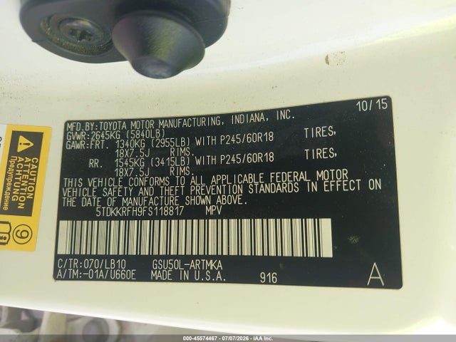 Toyota Highlander Xle V6 2015 5TDKKRFH9FS118817 Image 9