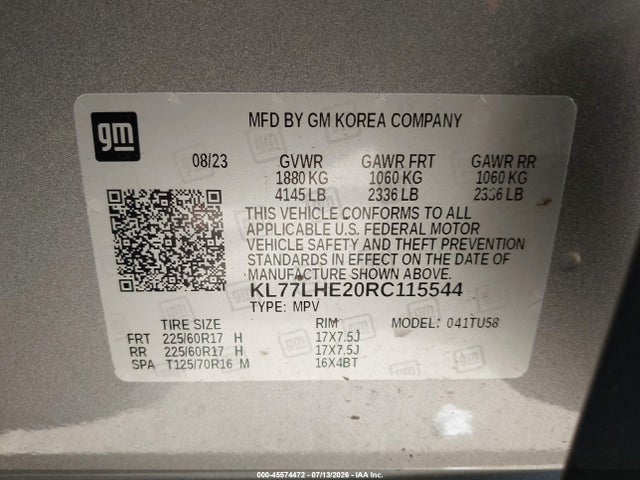 Продаж на аукціоні авто 2024 Chevrolet Trax Fwd Lt, vin: KL77LHE20RC115544, номер лоту: 45574472