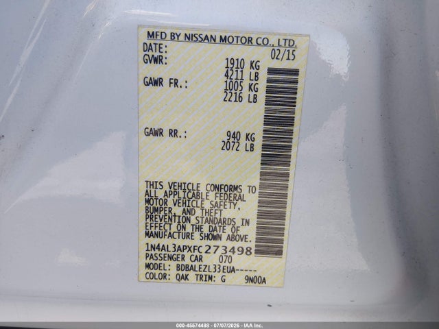 1N4AL3APXFC273498 Nissan Altima 2.5/2.5 S/2.5 Sl/2.5 Sv