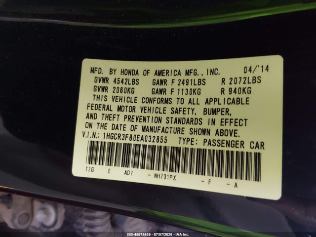 1HGCR3F80EA032855 Honda Accord Ex-l V-6