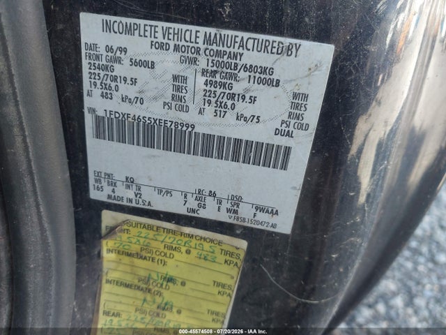45574508 :رقم المزاد ، 1FDXF46S5XEE78999 vin ، 1999 Ford Super Duty F-450 Lariat/xl/xlt مزاد بيع