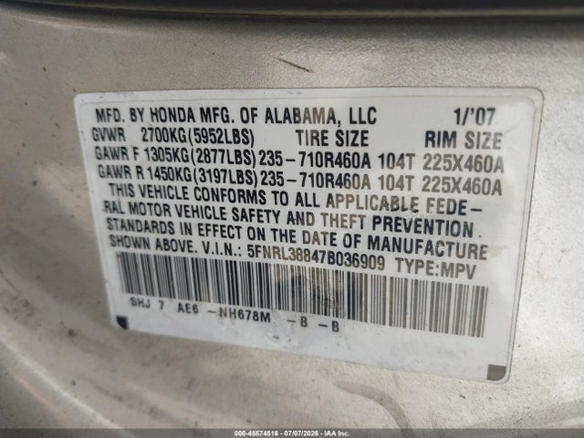 Aukcja sprzedaży 2007 Honda Odyssey Touring, vin: 5FNRL38847B036909, numer aukcji: 45574516