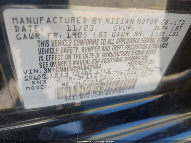 2024 Nissan Versa 1.6 Sv მანქანა იყიდება აუქციონზე, vin: 3N1CN8EV2RL842584, აუქციონის ნომერი: 45574526