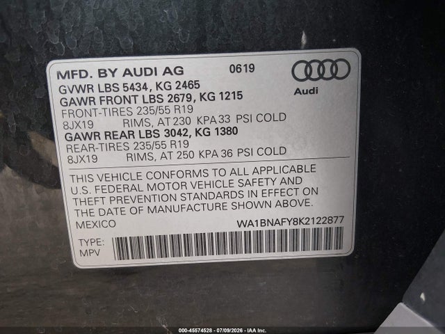 Aukcja sprzedaży 2019 Audi Q5 45 Premium, vin: WA1BNAFY8K2122877, numer aukcji: 45574528
