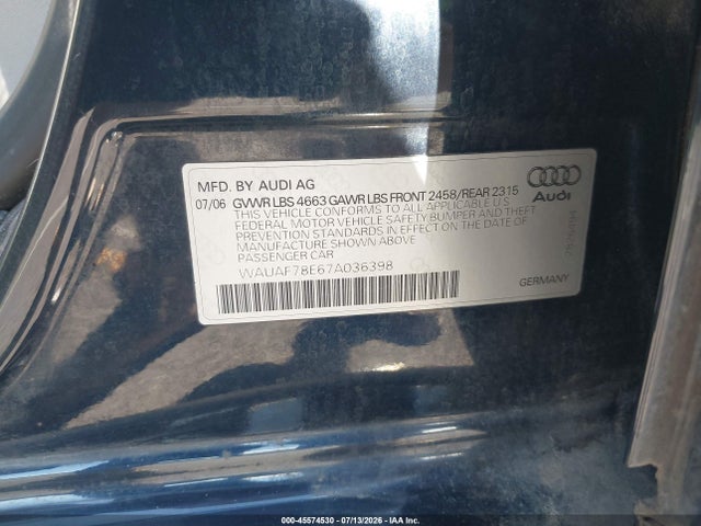 45574530 :رقم المزاد ، WAUAF78E67A036398 vin ، 2007 Audi A4 2.0t مزاد بيع