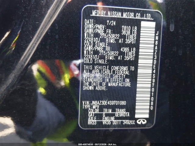 Aukcja sprzedaży 2025 Infiniti Qx80 Sensory Awd, vin: JN8AZ3DE4S9701080, numer aukcji: 45574538