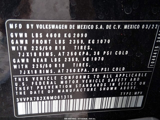 3VVPX7B2XNM061315 Volkswagen Taos 1.5t Se