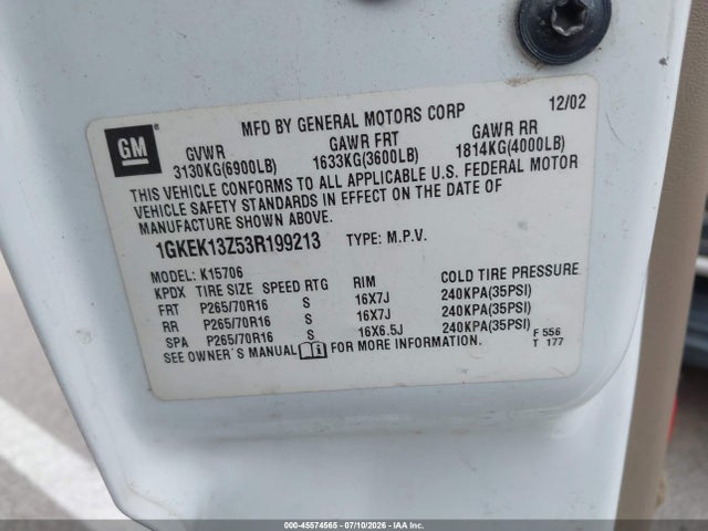 45574565 :رقم المزاد ، 1GKEK13Z53R199213 vin ، 2003 Gmc Yukon Slt مزاد بيع