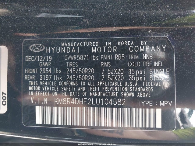 45574566 :رقم المزاد ، KM8R4DHE2LU104582 vin ، 2020 Hyundai Palisade Sel مزاد بيع