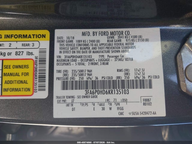 Ford FUSION SE 2019 3FA6P0HD6KR135103 Image 9