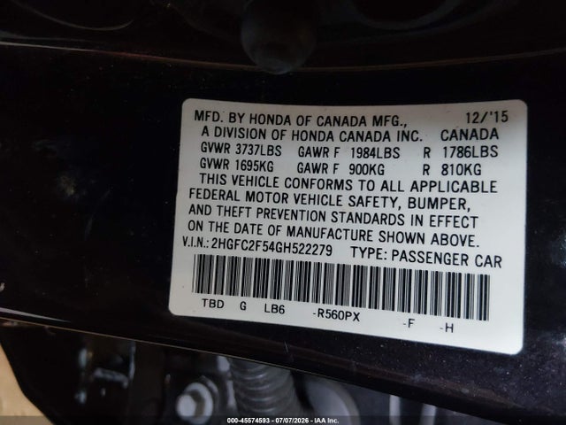 Продаж на аукціоні авто 2016 Honda Civic Lx, vin: 2HGFC2F54GH522279, номер лоту: 45574593