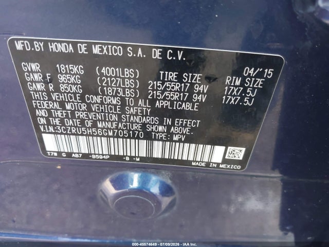 Aukcja sprzedaży 2016 Honda Hr-v Ex, vin: 3CZRU5H56GM705170, numer aukcji: 45574649