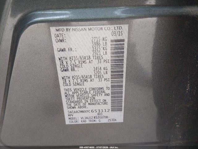 45574650 :رقم المزاد ، 5N1AR2MNXFC653112 vin ، 2015 Nissan Pathfinder Sv مزاد بيع