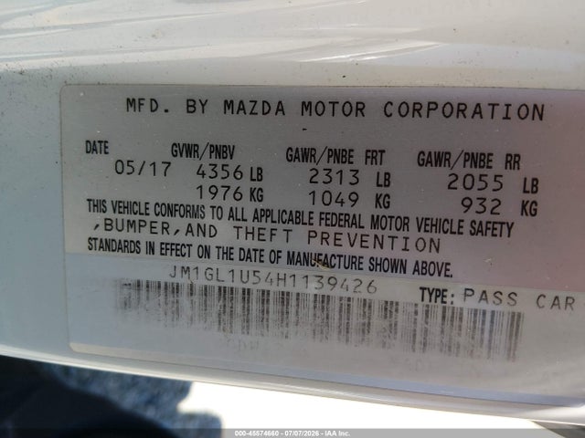 2017 Mazda Mazda6 Sport მანქანა იყიდება აუქციონზე, vin: JM1GL1U54H1139426, აუქციონის ნომერი: 45574660