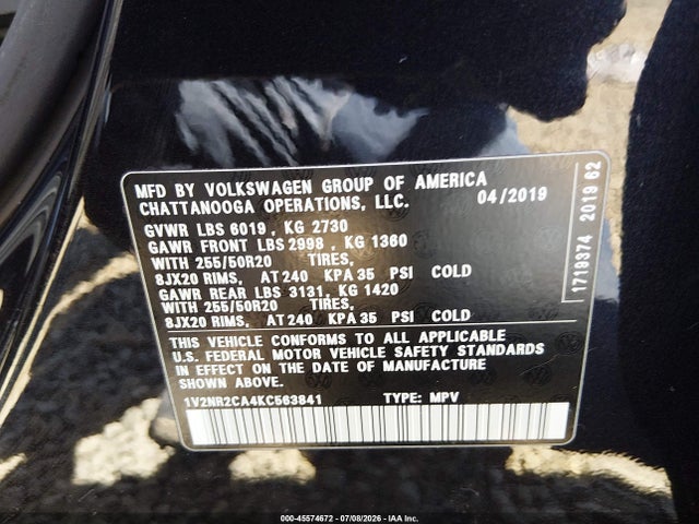 1V2NR2CA4KC563841 Volkswagen Atlas 3.6l V6 Sel Premium