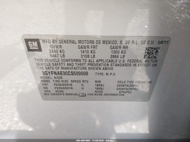 Продаж на аукціоні авто 2012 Cadillac Srx Luxury Collection, vin: 3GYFNAE36CS509098, номер лоту: 45574697