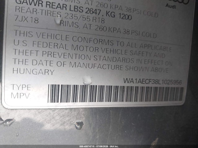 45574715 :رقم المزاد ، WA1AECF38L1025956 vin ، 2020 Audi Q3 Premium 45 Tfsi Quattro Tiptronic مزاد بيع