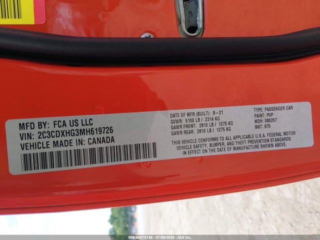 2021 Dodge Charger Gt Rwd მანქანა იყიდება აუქციონზე, vin: 2C3CDXHG3MH619726, აუქციონის ნომერი: 45574748
