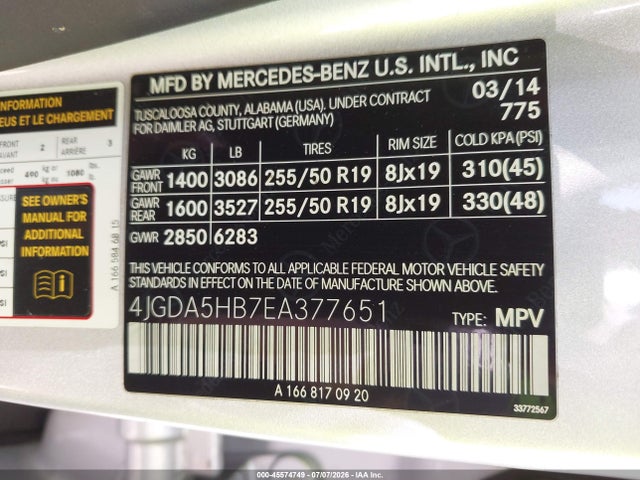 4JGDA5HB7EA377651 Mercedes-Benz Ml 350 4matic