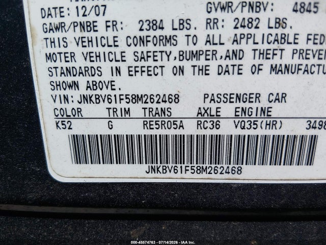 Продаж на аукціоні авто 2008 Infiniti G35x, vin: JNKBV61F58M262468, номер лоту: 45574763