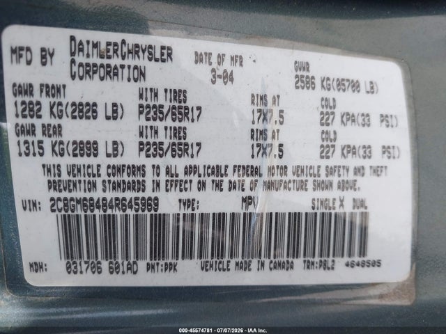 2004 Chrysler Pacifica მანქანა იყიდება აუქციონზე, vin: 2C8GM68484R645969, აუქციონის ნომერი: 45574781