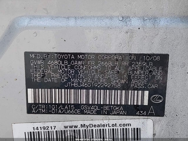 Aukcja sprzedaży 2009 Lexus Es 350, vin: JTHBJ46G192292758, numer aukcji: 45574785