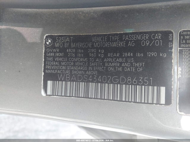 2002 Bmw 5 Series 525ita მანქანა იყიდება აუქციონზე, vin: WBADS43402GD86351, აუქციონის ნომერი: 45574812
