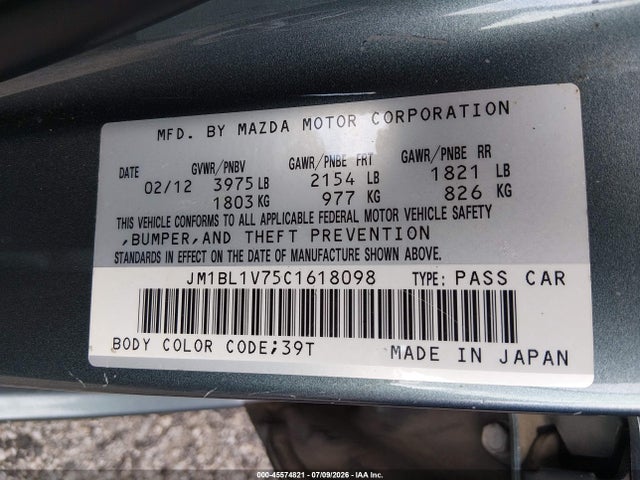 Aukcja sprzedaży 2012 Mazda Mazda3, vin: JM1BL1V75C1618098, numer aukcji: 45574821