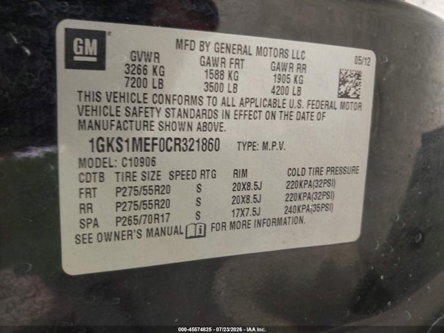45574825 :رقم المزاد ، 1GKS1MEF0CR321860 vin ، 2012 Gmc Yukon Xl 1500 Denali مزاد بيع