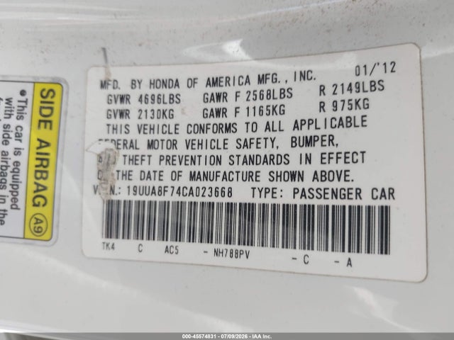 45574831 :رقم المزاد ، 19UUA8F74CA023668 vin ، 2012 Acura Tl 3.5 مزاد بيع