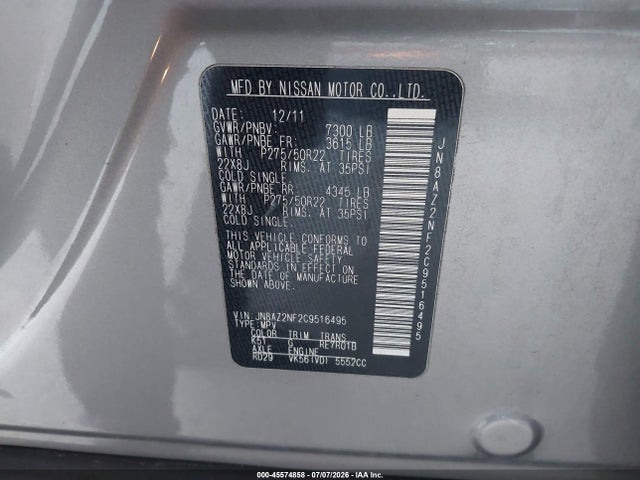 Продажа на аукционе авто 2012 Infiniti Qx56, vin: JN8AZ2NF2C9516495, номер лота: 45574858