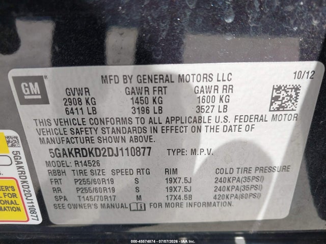 2013 Buick Enclave Premium მანქანა იყიდება აუქციონზე, vin: 5GAKRDKD2DJ110877, აუქციონის ნომერი: 45574874