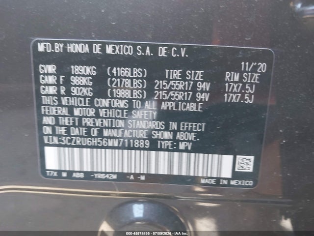 45574895 :رقم المزاد ، 3CZRU6H56MM711889 vin ، 2021 Honda Hr-v Awd Ex مزاد بيع