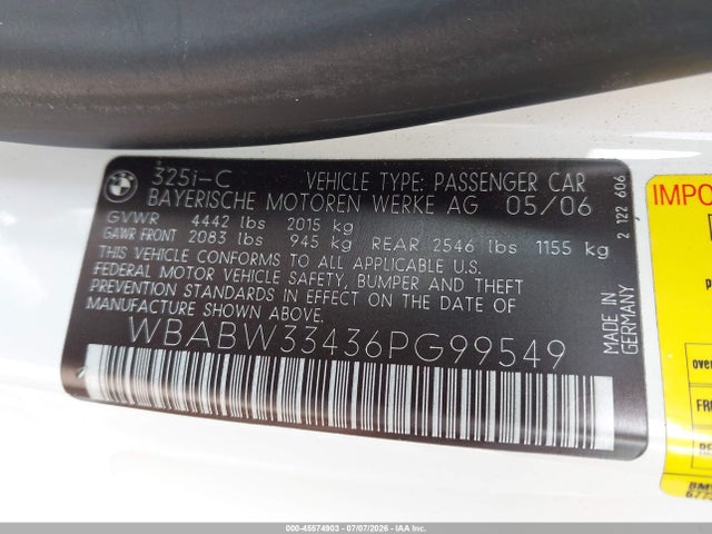 Продажа на аукционе авто 2006 Bmw 325ci, vin: WBABW33436PG99549, номер лота: 45574903