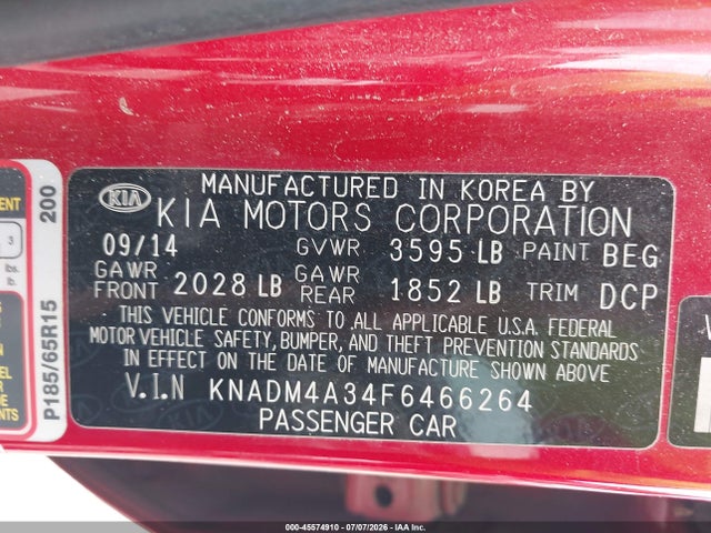 45574910 :رقم المزاد ، KNADM4A34F6466264 vin ، 2015 Kia Rio Lx مزاد بيع