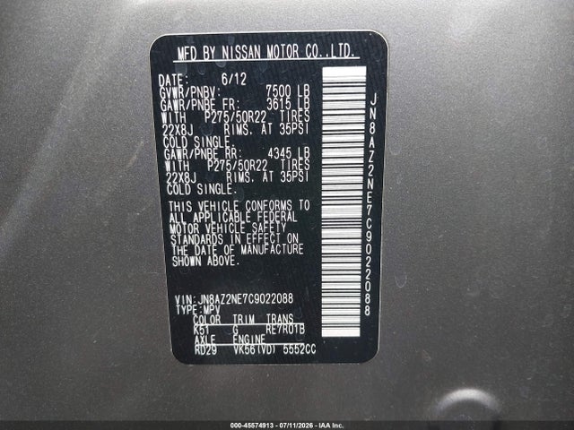 Auction sale of the 2012 Infiniti Qx56, vin: JN8AZ2NE7C9022088, lot number: 45574913