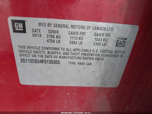 Auction sale of the 2015 Chevrolet Impala 2lt, vin: 2G1125S34F9135055, lot number: 45574915