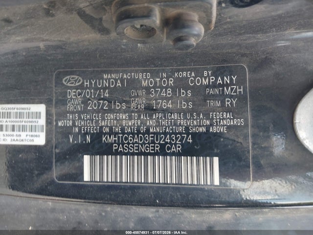 2015 Hyundai Veloster მანქანა იყიდება აუქციონზე, vin: KMHTC6AD3FU243274, აუქციონის ნომერი: 45574931
